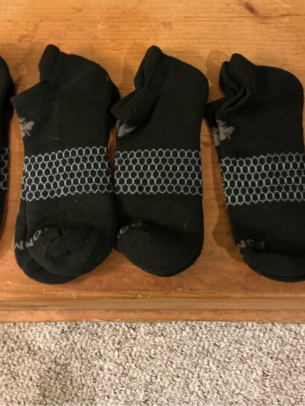 Bombas Black Low-Cut Athletic Socks with Gray Mesh Stripe size medium.